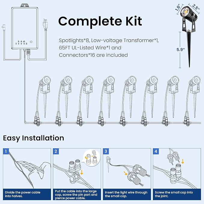 All-in-One Outdoor Low Voltage Landscape Lighting Kit, 8 Pack 3000K Landscape Spot Lights with 60W Transformer 65FT Wire, Waterproof Low Voltage Landscape Lights for Yard, Garden, Tree, Pathway, House