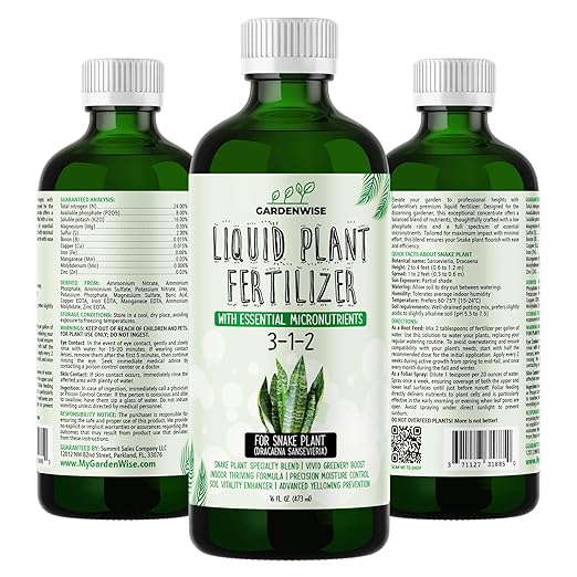 GARDENWISE 3-1-2 Liquid Fertilizer Concentrate with Micronutrients - Ideal Snake Plant Food for Sansevieria (Dracaena trifasciata), Indoor Plant Care (16 OZ)
