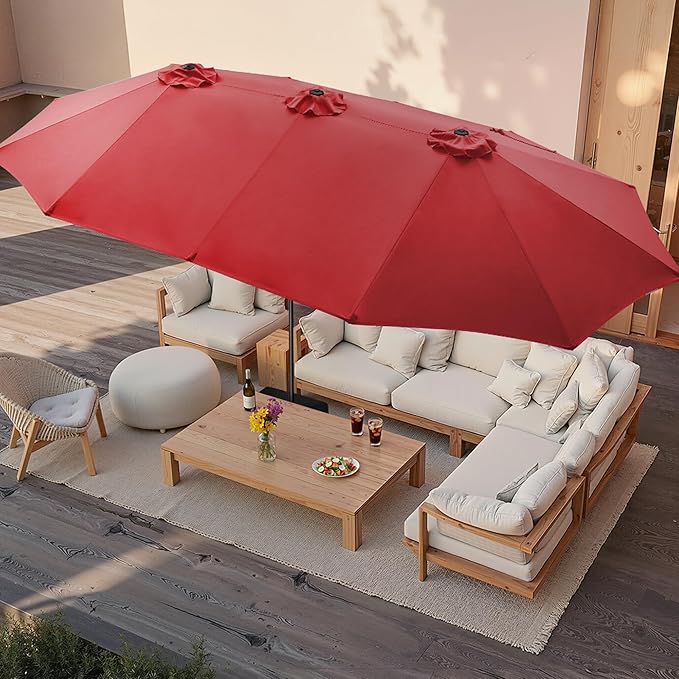 SUPERJARE 15FT Outdoor Patio Umbrella with Base Included, Double Sided Pool Umbrellas with Fade Resistant Canopy, Extra-Large Table Umbrella for Deck, Market, Backyard, Burgundy