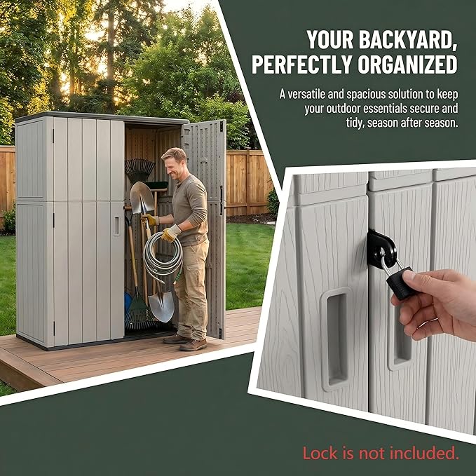 Outdoor Storage Shed 57 Cu.ft Weatherproof Resin Storage Cabinet with Floor, Lockable Vertical Shed for Garden Tools, Lawn Mower, Pool Equipment & Organization – Shelves Not Included
