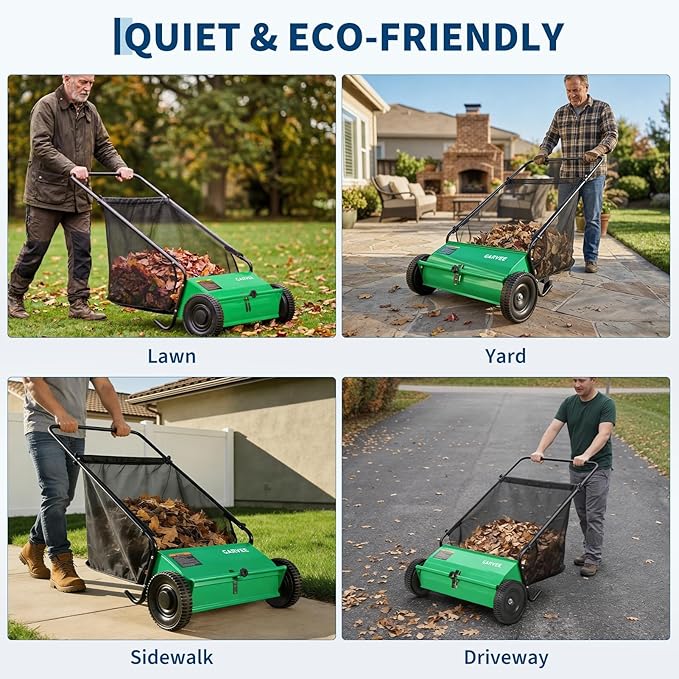 Push Lawn Sweeper, 26-Inch Width, 7 Cu. ft. Hopper Capacity, 4 Spinning Brushes, Adjustable Height, Durable Steel Frame with Rubber Wheels, Ideal for Leaves and Grass