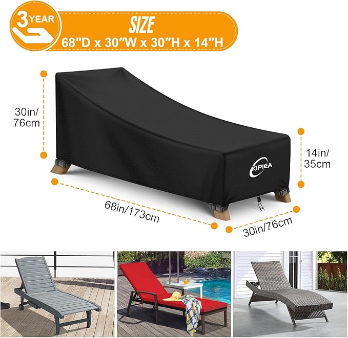 Kipiea Waterproof Patio Lounge Chair Covers for Outdoor Furniture, Heavy Duty Outdoor Chaise Lounge Cover with Anti UV and No Tears, No Fading (68"D x 30"W x 30"H)