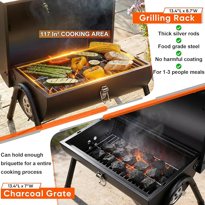 Portable Charcoal Grill with 6 BBQ Tools, HaSteeL Compact Tabletop Barbecue Grill with Thermometer, Small Smoker for Outdoor Camping Backyard Beach BBQ, Thick Steel, Easy to Assemble