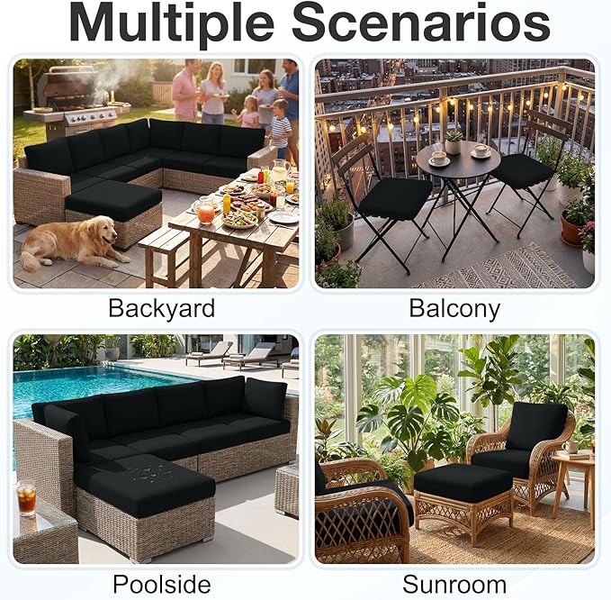 hyha Waterproof Outdoor Cushion Covers for Patio Furniture, Stretch Patio Chair Cushion Slipcovers, Coated UV Resistant Replacement Seat Covers, Solid Color (Black, 4PC)