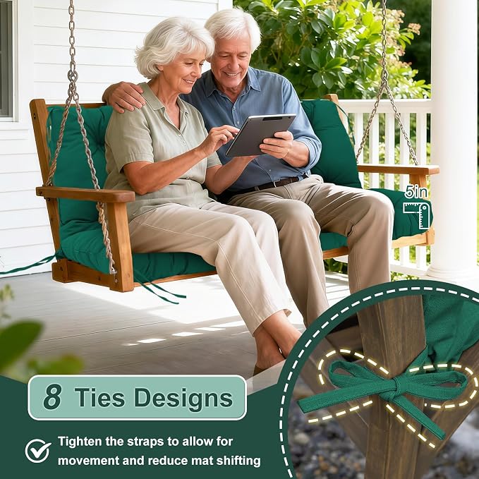 Porch Swing Cushions Outdoor 70 inch x 40 Waterproof Swing Cushions 3 Seater Replacement with Backrest & 8 Ties 5" Thick Bench Swing Cushions for Outdoor Furniture Patio(Dark Green)