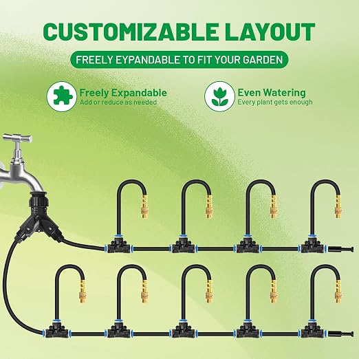 360° Adjustable Micro Drip Irrigation System, 32 Brass Sprinkler Heads & Bendable Stems, Automatic Watering Kit with 1/4" Tubing for Raised Bed, Lawn, Vegetable & Outdoor Plants (200ft)