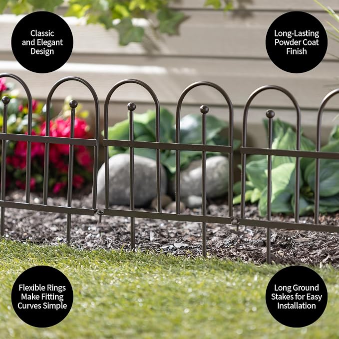Evergreen Iron Garden Fence Edging 10" Tall Above Ground, 7.5 feet Long for Flower Bed, Yards, Lawn | Decorative Edging | Rustproof Gunmetal Finish | Decorative Fencing