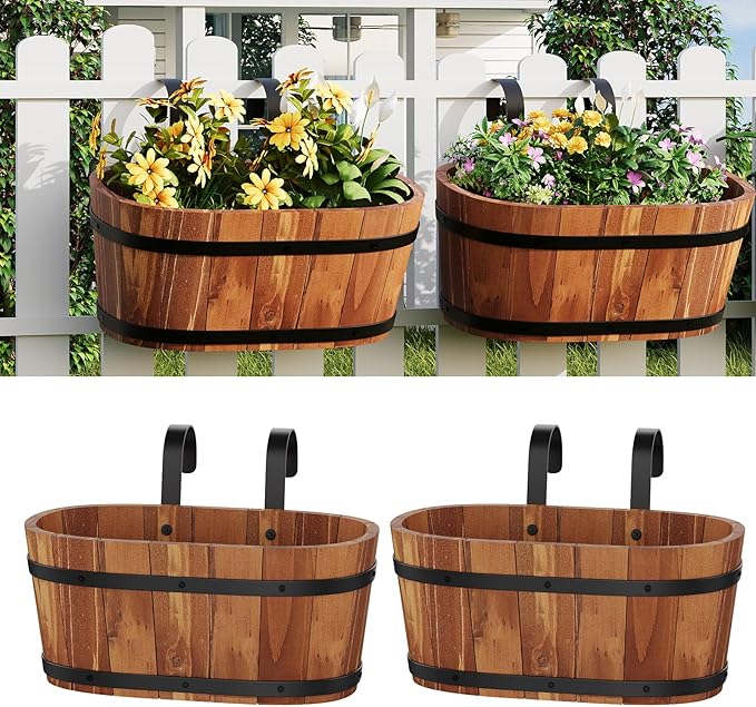 2pcs Wooden Hanging Flower Pots for Railing Fence Outdoor Planter Railing Planter Boxes for Plants Wall Planters Window Flower Box Hanging Bucket Pots Countryside plant Holder (Brown,2pcs,Large)