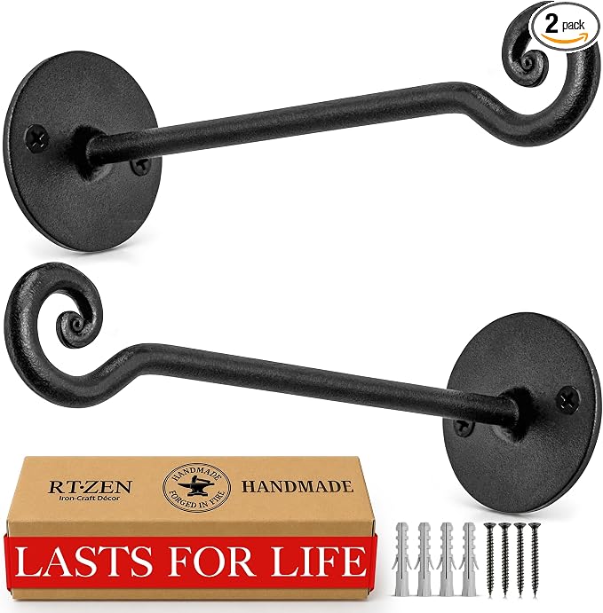 RTZEN Plant Hangers Outdoor or Indoor - Wrought Iron Metal Hanger Indoor Hook - Heavy Duty Wall Bracket Hooks for Hanging Plants Baskets Lanterns Bird Feeders - 2 Pack (Black Swirl Hooks 7.5")