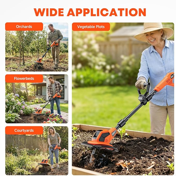 21V Cordless Tiller Cultivator, 6000mAh Battery Powered Tiller, 400RPM Electric Tiller for Gardening, 9.5" Width, 7" Depth for Soil Preparation, Lightweight Garden Rototiller for Lawn/Soil Cultivation