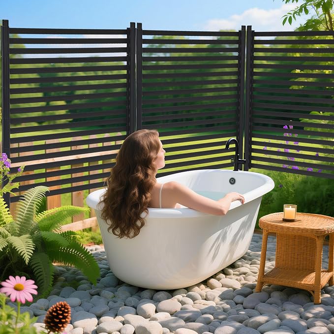 IDEALHOUSE 48"×59" Outdoor Privacy Screen, Freestanding Galvanized Steel & PE Slat Divider, 2-Way Installation Decorative Fence for Trash Can Patio Backyard Garden, Black