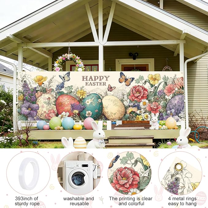 Happy Easter Fence Banner 118 x 35 Inch, Large Waterproof Outdoor Easter Eggs Banner with Flowers & Butterflies for Yard Porch Fence Spring Decorations