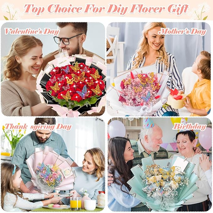 366 pcs Flower Bouquet Wrapping Paper,Waterproof Flower Floral Wrapping Paper Bouquet Sheets With Ribbons Pins 3D Butterflies and Crowns for Florist Wrap