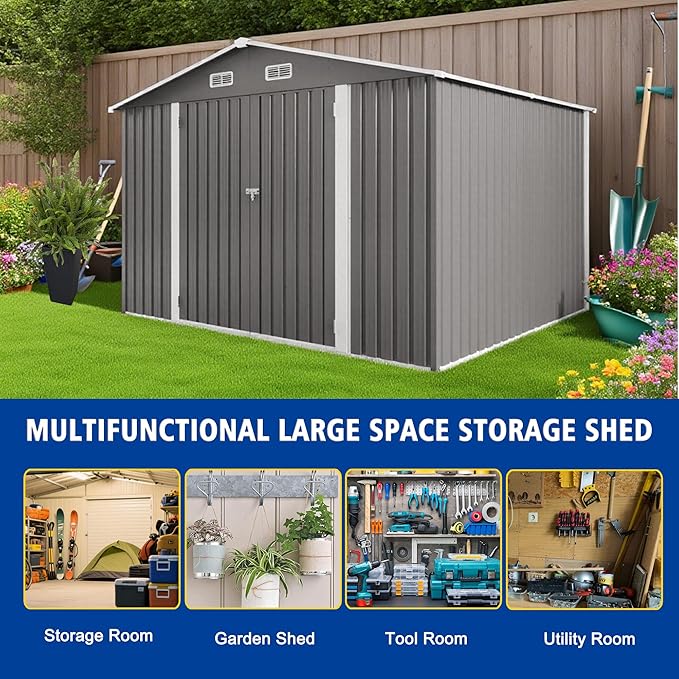 KEIKI 10x8 FT Outdoor Metal Storage Shed with Vent,Window and 2 Swing Door,Sloped Roof for Patio Backyard Bicycles