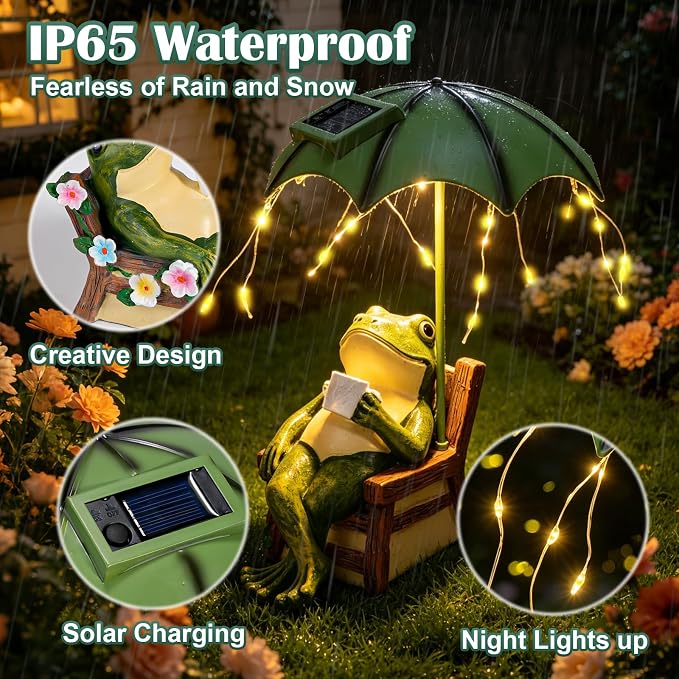 Pohabery Solar Frog Garden Statue - Outdoor Waterproof Decor with Umbrella LED Lights, Funny Relaxing Frog Figurine, Patio Balcony Lawn Ornament, Unique Animal Sculpture Gift