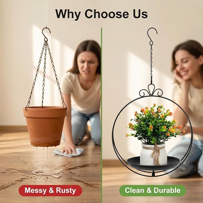 Hanging Planters for Indoor Plants, 2 Pack Metal Wall Ceiling Window Plant Hangers Kit with Trays and Chains for Succulents Pothos Herbs Balcony Patio Living Room