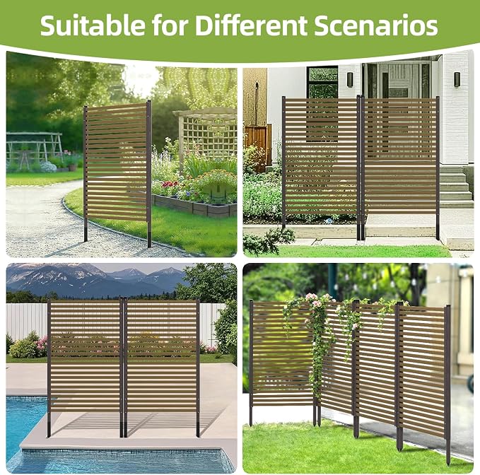Privacy Screen Freestanding Outdoor,3ft × 4ft Wood Grain Metal Decorative Privacy Fence Panels with Base Feet for Patio,Dark Brown