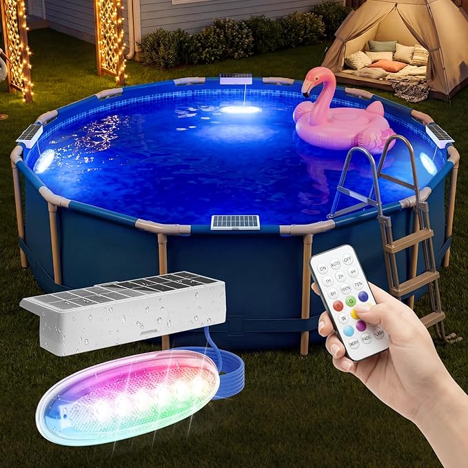 APONUO 2 Pack Solar Pool Lights, Pool Solar Lights for Above Ground Pools with Remote, IP68 Waterproof, RGB Color Changing Solar Powered Pools Light for Pond, Fountain,Yard (Gray)