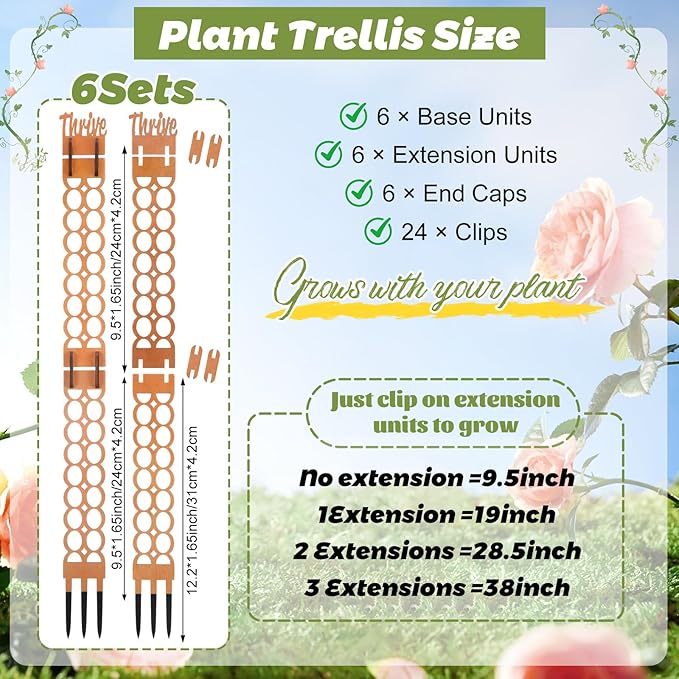 6 Sets Wooden Extendable Plants Trellis Indoor Modular Plant Trellis with Wood Thrive Sign Decor and Extensions for Outdoor Climbing Houseplants Vine Flower Stem(Circle)