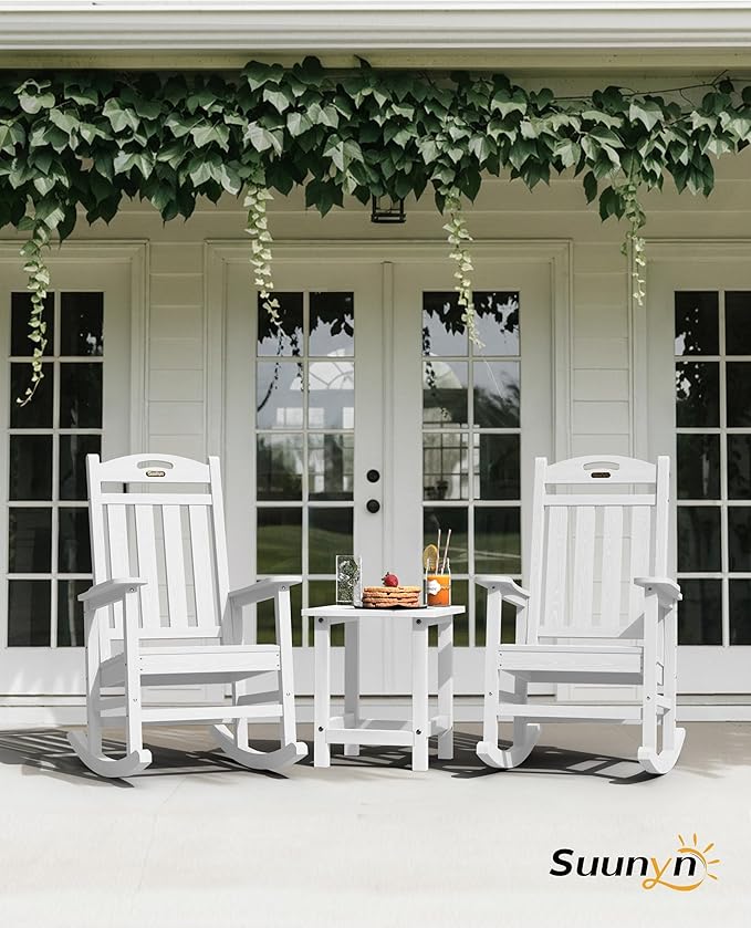 Oversized Rocking Chairs Outdoor Set of 4, High Back Porch Rocking Chair, HDPE All Weather Resistant Patio Chairs, 380lbs Weight Capacity, White