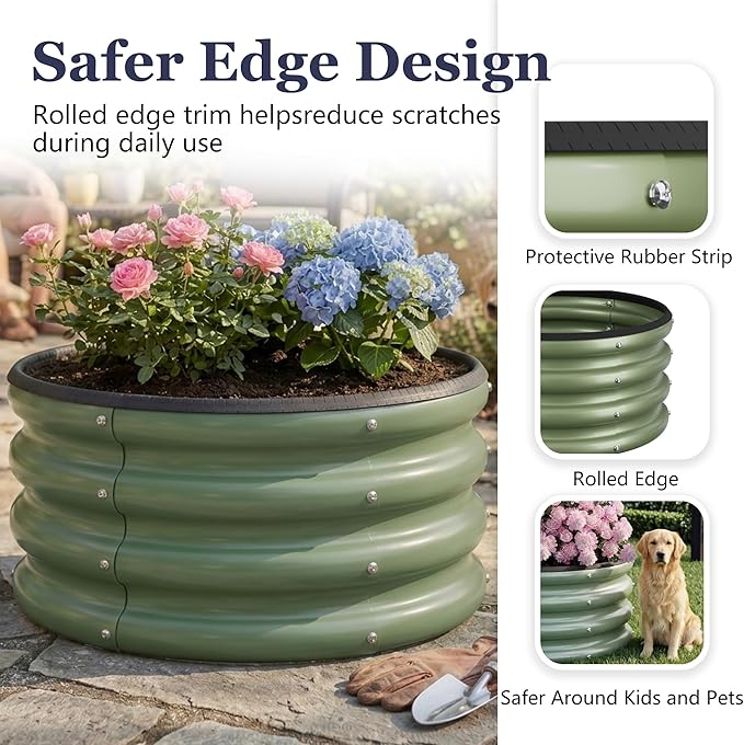 2 x 2 x 1 ft Round Raised Garden Bed, Green 1 Pack 0.6 mm Thick Galvanized Steel Planter Box with Double Layer Paint and Safety Edge Trim for Vegetables Flowers Herbs Outdoor Garden