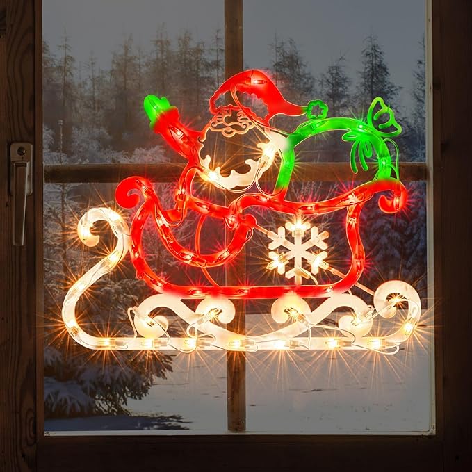 Christmas Window Silhouette Lights, Lighted Santa and Sleigh Double Sided Decorations with 50 Count Incandescent Mini Light for Holiday Indoor Wall Door Glass Decor