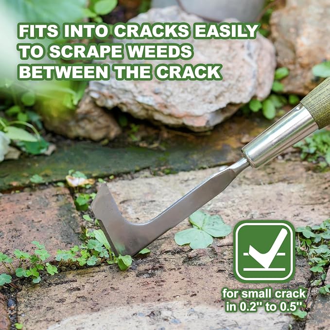 Haliaeetus Crack Weeder Tool, 17'' L-Shaped Stainless Steel Crevice Weeding Tool, Comfortable Wooden Handle Paver Weeder, Sidewalk Weed Removal Tool for Driveway, Bricked Patio and Terrace Paving Moss