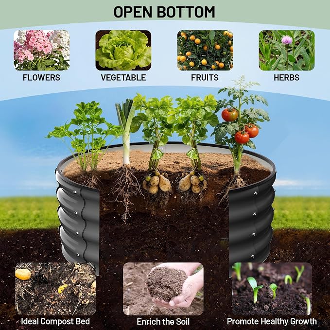 Garvee Galvanized Raised Garden Bed, 2Pcs Raised Garden Beds Outdoor, Round Planter Raised Beds with Gloves and Rubber Edge Trim for Vegetables, Flowers and Herbs, 2x2x1 FT, Dark Grey