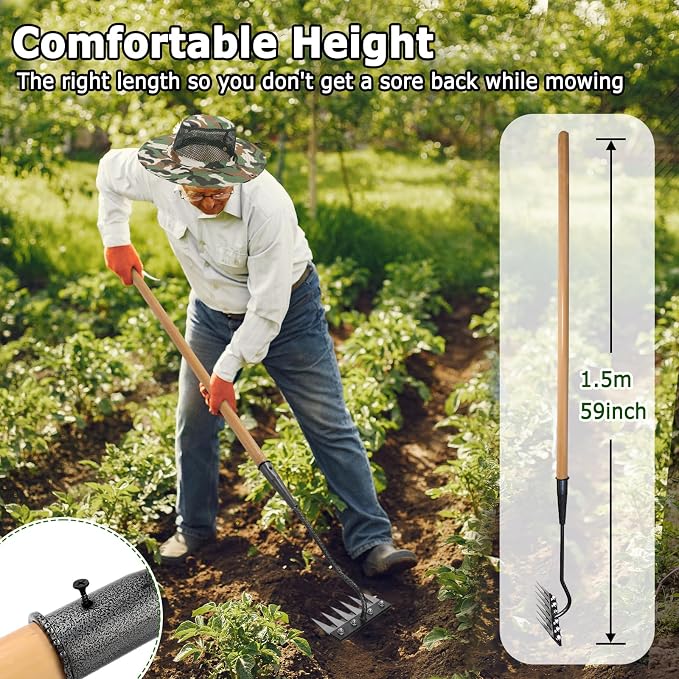 Gardenia Iron Weeding Rake, 2.0 Iron Weeding Rake with Long Handle, 6 Teeth Heavy Duty Weed Puller Tools for Gardening, Weedings ,Lawn