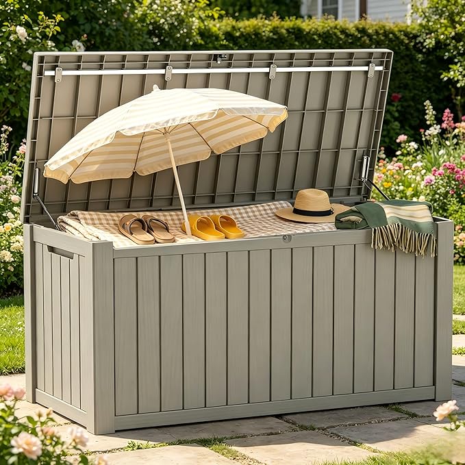 151 Gallon Resin Deck Box with Lockable Lid – Heavy-Duty Outdoor Storage for Patio Furniture, Garden Tools, Pool Accessories, BBQ Supplies – All-Weather Wood Grain Design