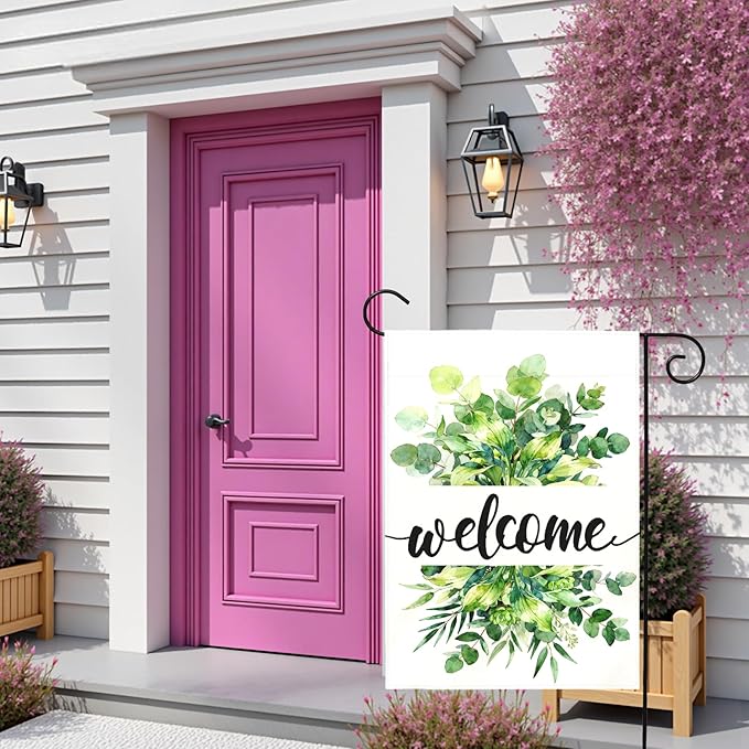 Welcome Spring Garden Flag Summer Greenery Watercolor Eucalyptus Leaves House Banner Seasonal Rustic Farmhouse Hosta Planta Yard Flags for Outside Porch Patio Lawn Home Decor 12 x 18 Inch