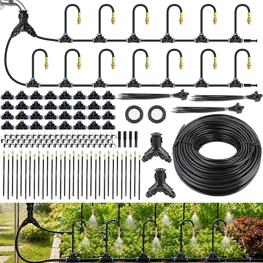 360° Adjustable Micro Drip Irrigation System, 32 Brass Sprinkler Heads & Bendable Stems, Automatic Watering Kit with 1/4" Tubing for Raised Bed, Lawn, Vegetable & Outdoor Plants (200ft)
