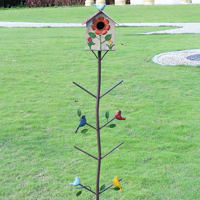 58" H Multifunctional Metal Bird House Glass Bottle Tree Stake for Outdoor Colorful Garden Decorative Bottle Holder & Outdoor