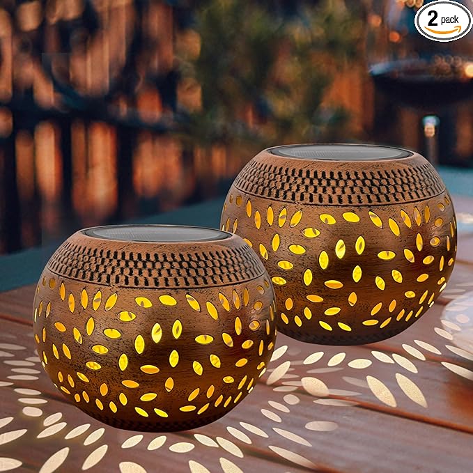 Solar Table Lanterns Outdoor Waterproof - 2 Pack LED Lamp Copper Metal Tabletop Light Solar Powered Decorative Lantern for Indoor Desk Bedroom Patio Garden Pathway Yard