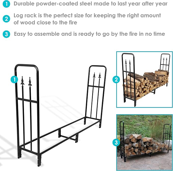 Sunnydaze Indoor/Outdoor 6-Foot Decorative Firewood Log Rack - Powder-Coated Steel Wood - Black