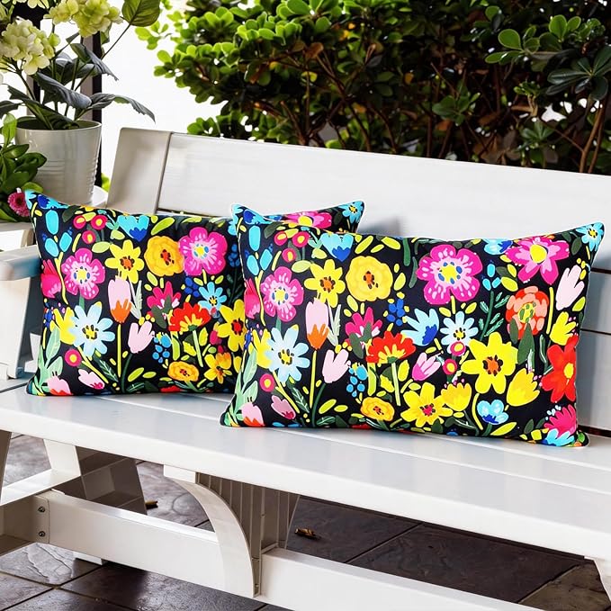 Adabana Spring Outdoor Waterproof Floral Pillow Covers Set of 2 Square Colorful Couch Cushion Cases 20x12 Inch Waterproof Decorative Pillows for Patio Garden Beach,Black