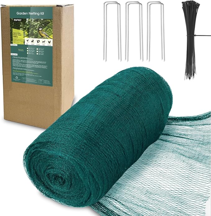 Bird Netting for Garden Protection, 13 x 16.5 FT Heavy Duty Garden Netting with Ties and Landscape Staples for Vegetable, Fruit Trees & Other Plants Against Birds Deer Squirrels and Poultry