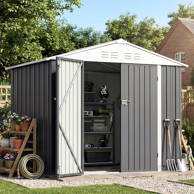 Patiowell 8x6 FT Outdoor Storage Shed with Floor Frame, Metal Garden Patio Sheds with Sloping Roof and Lockable Door, Waterproof Steel Tool Shed for Backyard Garden Lawn, Gray