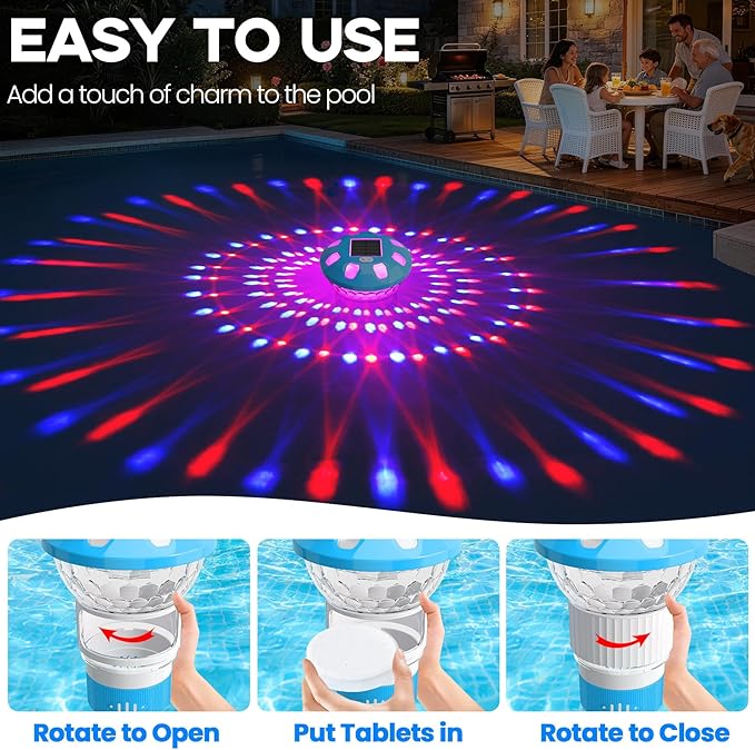 Pool Chlorine Floater, Solar Chlorine Floater with Colorful Lights, 3 Inch Chlorine Tabs Floater w/Adjustable Flow, Button Control Floating Chlorine Dispenser for Pools, Hot Tubs, Light Blue