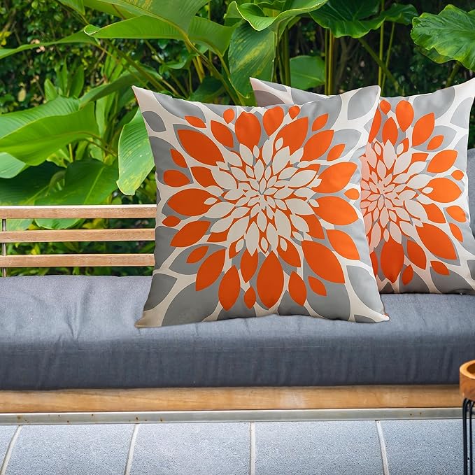 Qahing Pack of 4 Fall Outdoor Waterproof Pillow Covers 18x18 Decorative Outdoor Throw Pillows Garden Square Cushion Cases for Patio Furniture, Couch, Tent Sunbrella, Bench, Orange Grey