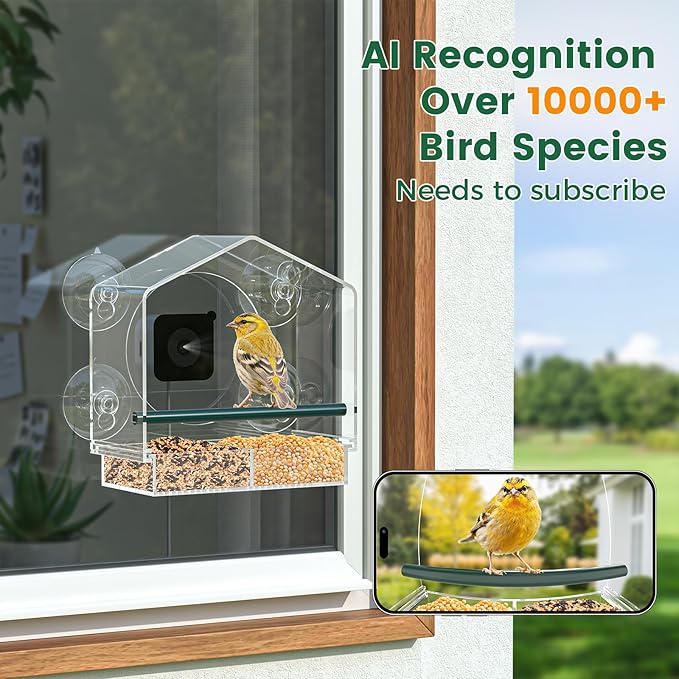 Svanur Window Bird Feeder with Camera,Wild Bird Feeders for Outdoors,AI Identify & Auto Capture Bird Feeder for Viewing,Strong Suction Cups,Real-Time Alerts,Ideal Gifts for Bird Lovers