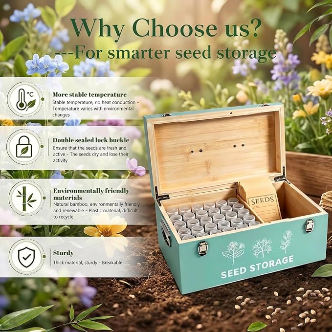 60 Slots Seed Storage Organizer, Bamboo Seed Saving Box with Lid and Safety Locks, Seeds Storage Container with 60 Seeds Envelopes and 64 Label, Perfect for Flower Plants Garden