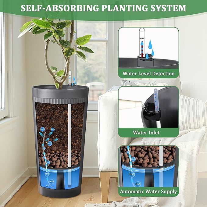 TUYOHW Self-Watering 24in Plastic Round Planter with Vertical Ribbed Design – Indoor Outdoor Flower Pot for Plants, Herbs, and Small Trees, Set of 2
