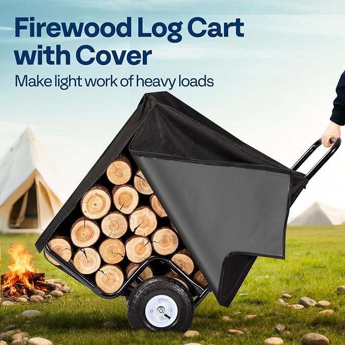 VIVOHOME Large Firewood Cart with Cover and 600D Oxford Cloth, 250 LB Capacity Heavy Duty Steel Log Carrier Dolly Hauler, Rolling Wood Rack Storage Mover for Easy Transport Indoor Outdoor Use