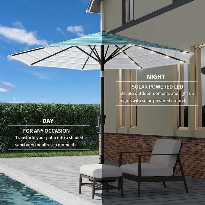 9FT Patio Umbrella with Solar Lights,Outdoor Market Umbrella with Tilt and Crank, LED Lighted Table Umbrella for Garden,Deck,Backyard,Pool,Beach