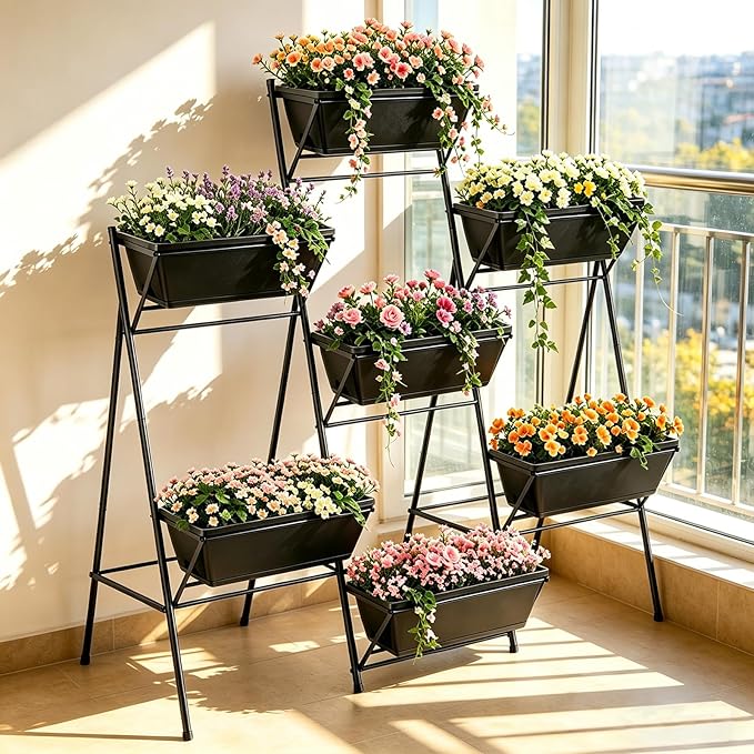 Raised Garden Bed Tiered Vertical Garden Planters Outdoor 7 Planter Boxes with Legs Indoor Elevated Herbs Flowers Vegetables Garden Box for Backyard Patio Balcony, Black