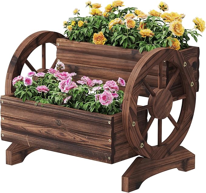 FILWH Wooden Wagon Planters for Outdoor Plants, Flower Cart, Wood Planter Boxes Outdoor, Backyard Decor, Flower Planters Outdoor with Wheels Planter for Flowers Vegetables (Carbonized)