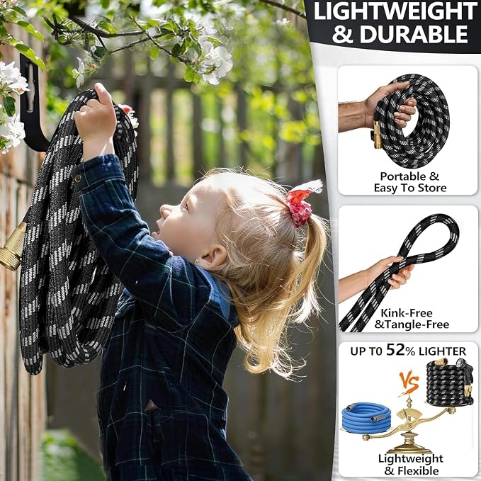 100 FT Non-Expandable Garden Hose, Lightweight Hose with 10 Function Spray Nozzle, Kink-Free Flexible Water Hose, Leak-Proof, 3/4'' Solid Connectors Garden Hose,Ultra Durable Garden Hoses