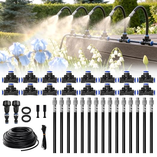 360° Adjustable Drip Irrigation System, 49FT Garden Watering System with 15 Nozzles, Water Sprinkler for Garden, Yard, Lawn, Greenhouse, Plants, Backyard Misting System