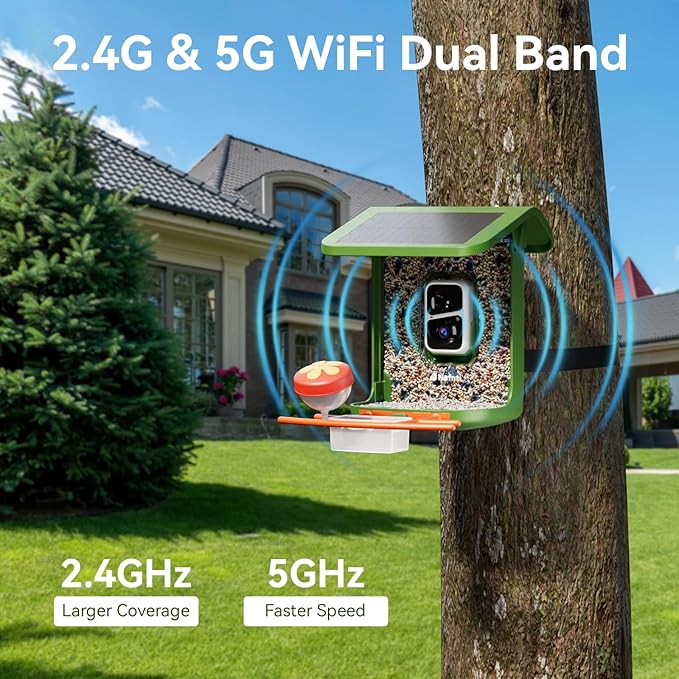 Bird Feeder with Camera, Support 2.4GHz/5GHz, 2K Live Steam for Outdoor, 1.8L Large Capacity, AI Identify Auto Capture Videos, Camera Bird Feeders for Outside, Ideal Gift for BirdLovers (Green)